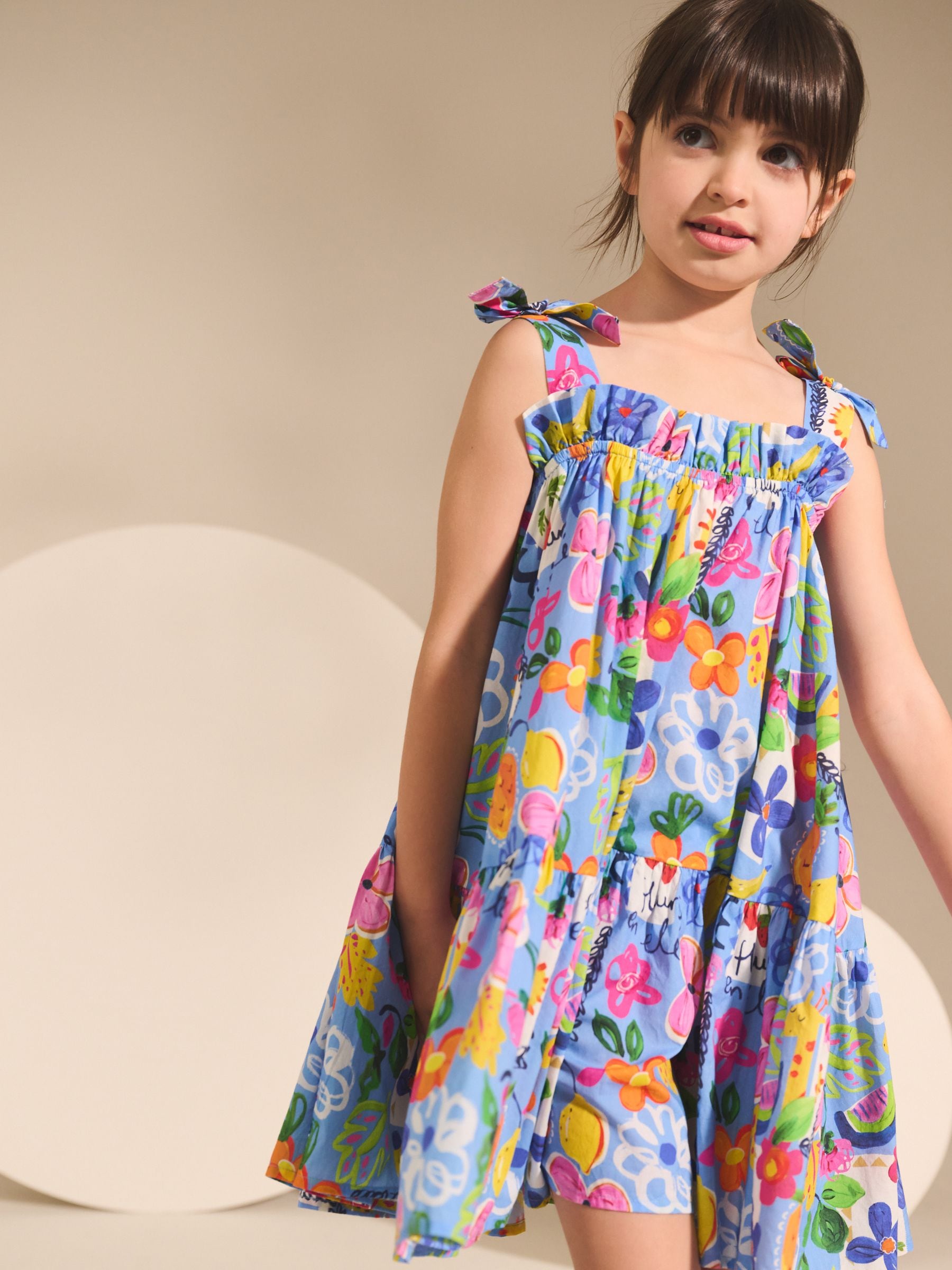 Blue Tropical Bow Strappy Summer Dress (3-16yrs)